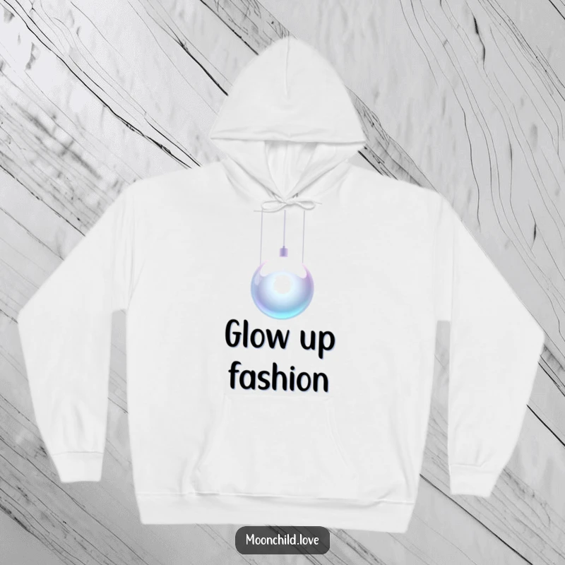 Funny metallic orb suspended by glowing wires, printed on a cozy hoodie, perfect for tech lovers.