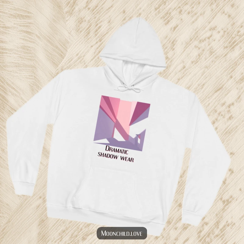 Angular abstract architectural shapes creating stark, dramatic shadows, printed on a cozy and fashionable hoodie.