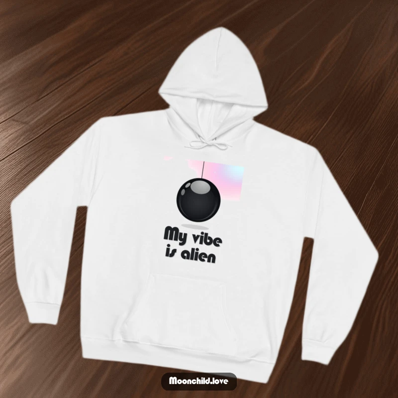 Funny hoodie featuring a minimalist black orb against a gradient of cosmic colors, offering cozy comfort and a funny, celestial vibe.