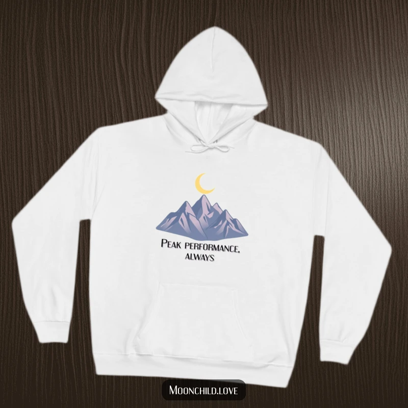 Funny hoodie showcasing jagged mountain silhouettes against a crescent moon, ideal for night owls and outdoor lovers.