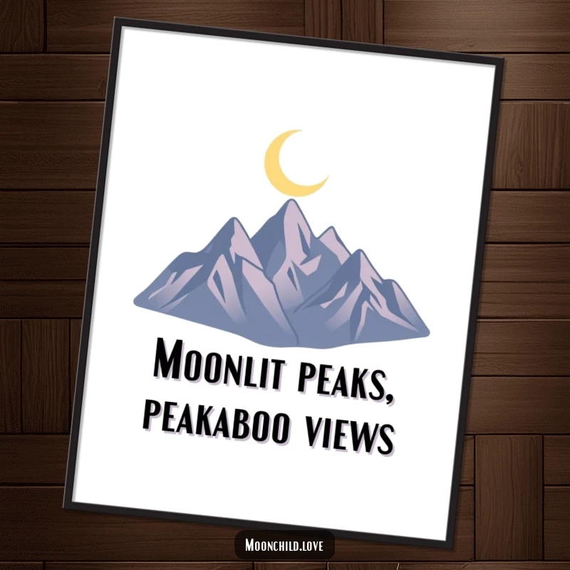 Funny Free Printable Wall Art: Minimalist jagged mountain silhouette under a glowing crescent moon, adding serene and modern vibes to any room.