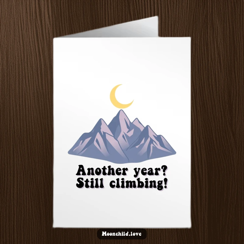 Funny Free Printable Birthday Card: Minimalist jagged mountain silhouette under a glowing crescent moon, creating a peaceful night scene.