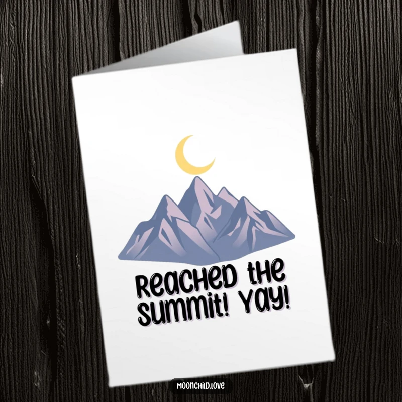 Funny Free Printable Congratulations Card: Minimalist jagged mountain silhouette under a glowing crescent moon, symbolizing achievement and dreams.