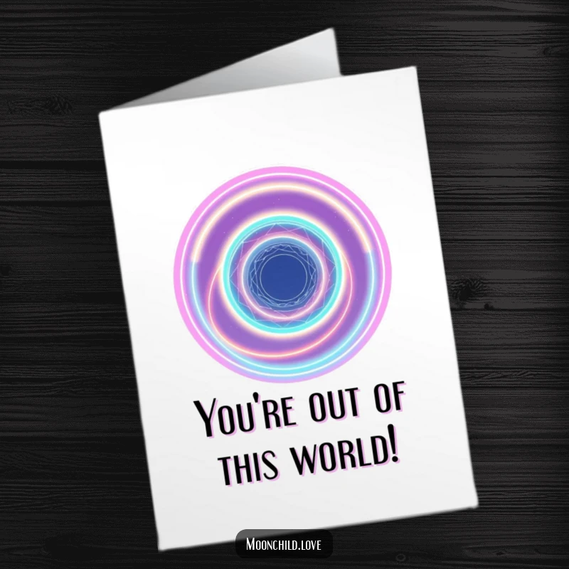 Abstract Free Printable Congratulations Card: Interconnected neon light rings forming a swirling cosmic vortex to celebrate success.