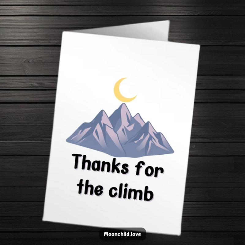 Funny Free Printable Thank You Card: Minimalist jagged mountain silhouette under a glowing crescent moon, offering a peaceful expression of thanks.