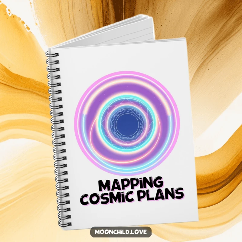 Funny abstract cosmic vortex of interconnected neon light rings on the cover of a notebook.