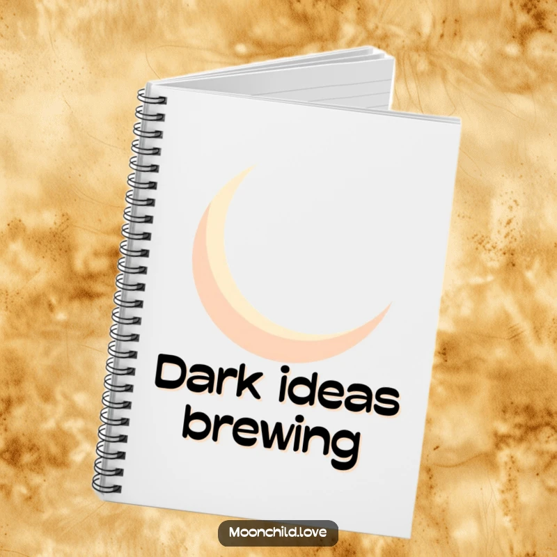 Funny geometric crescent moon silhouette casting bold shadows, on a humorous notebook for capturing ideas.