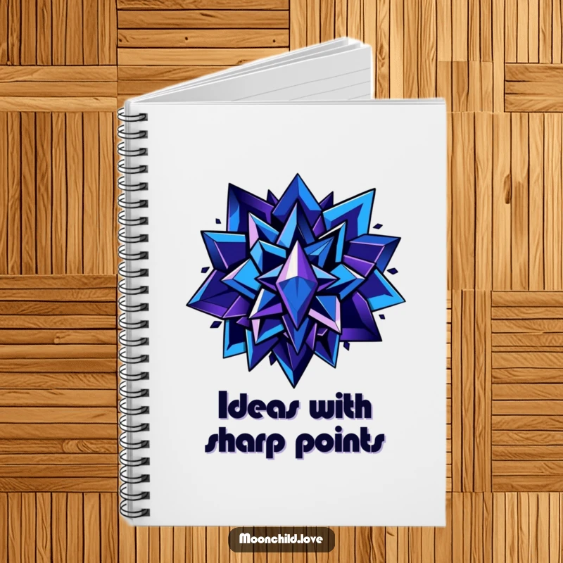 Funny notebook with a cover of sharp, angular shapes in deep blues and purples with metallic accents, ideal for artistic note-taking and funny gifts.