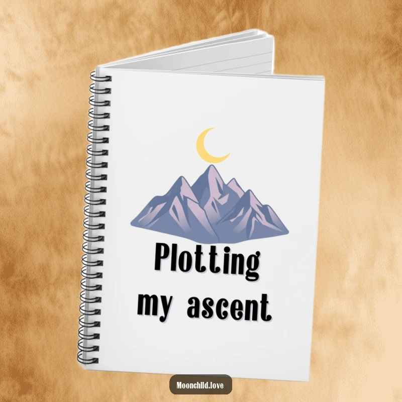 Funny notebook with a minimalist design of jagged mountains and a crescent moon, perfect for writing and planning.