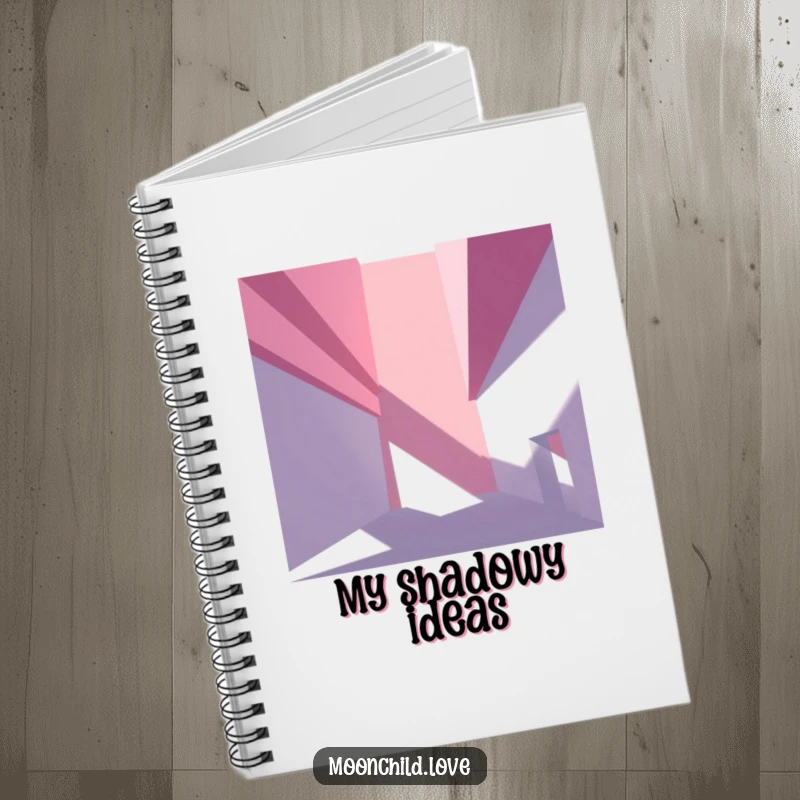 Angular abstract architectural elements casting stark shadows, providing a backdrop for notes on this modern notebook.