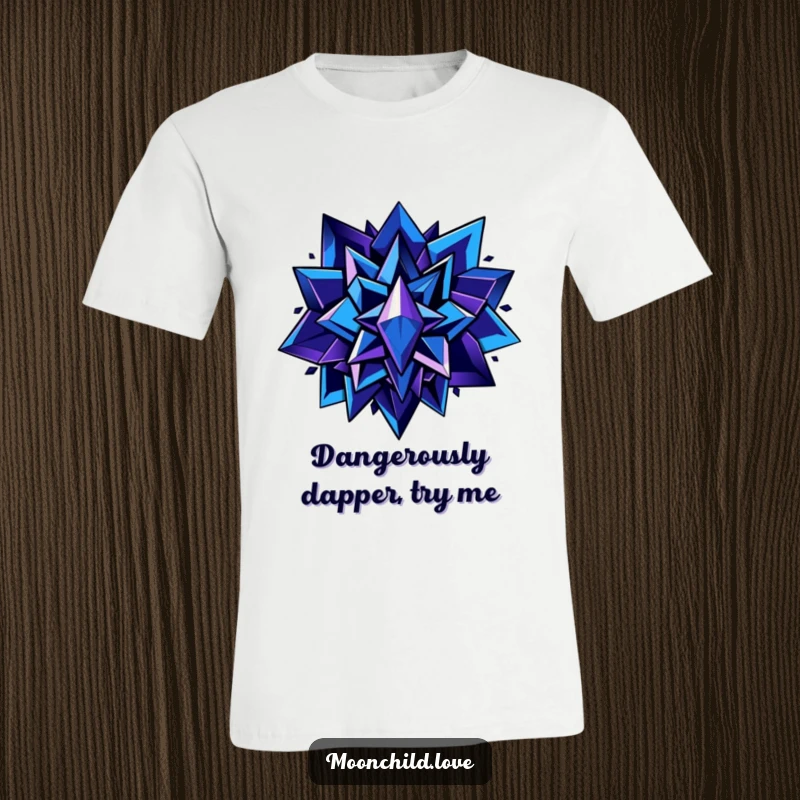 Funny t-shirt showcasing sharp, angular shapes in deep blues and purples with metallic accents, a perfect artistic and funny gift.