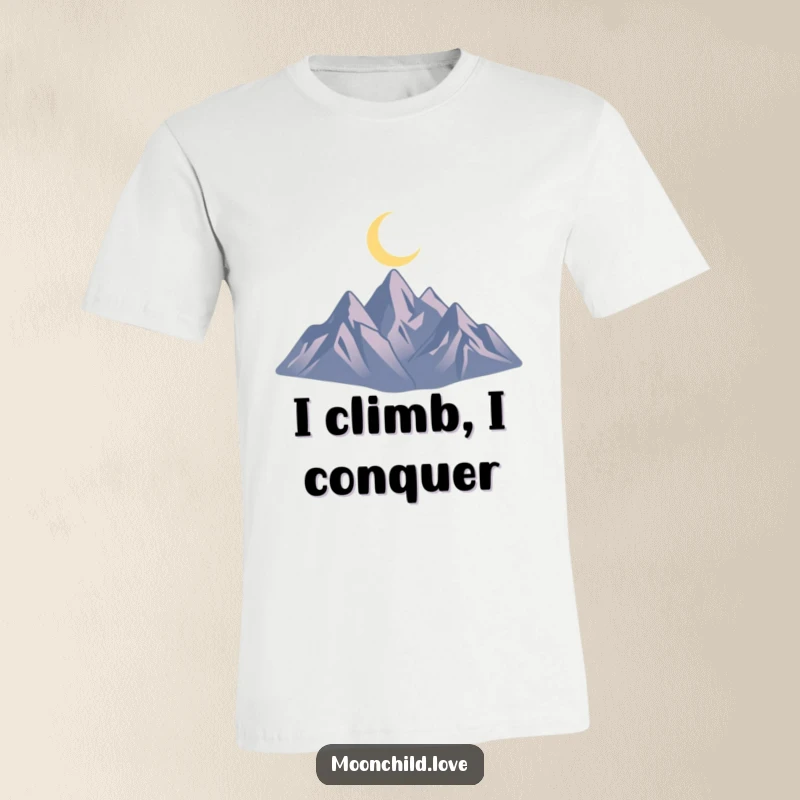 Funny t-shirt with a minimalist design of jagged mountain peaks under a crescent moon, perfect for nature lovers.