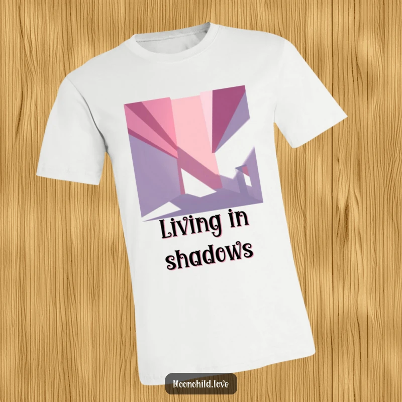 Abstract angular architectural elements casting deep, dramatic shadows, featured on a stylish and modern t-shirt.