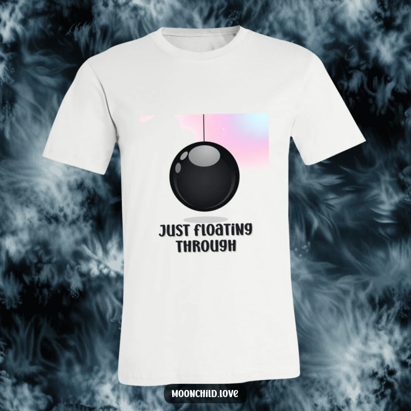 Funny t-shirt showcasing a minimalist black orb against a gradient of cosmic colors, a perfect funny gift for space enthusiasts.