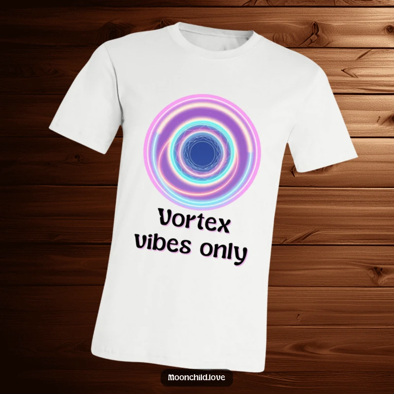 Funny graphic t-shirt featuring an abstract cosmic vortex formed by interconnected neon light rings.