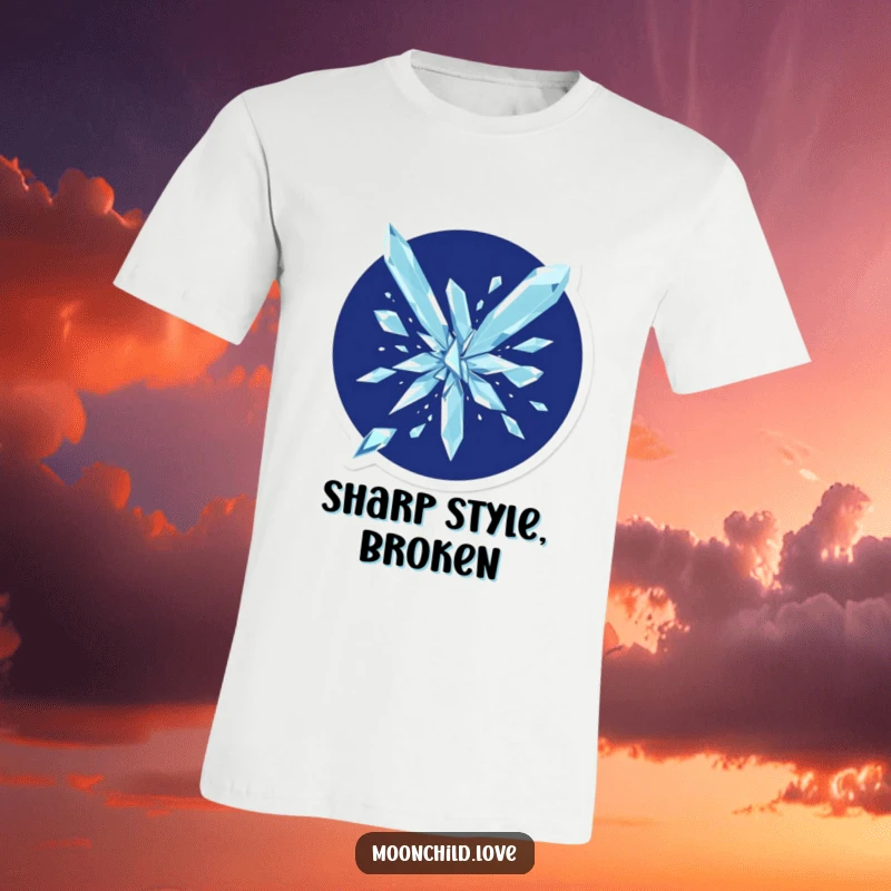 Funny graphic t-shirt with crystalline geometric shards shattering explosively against a deep indigo backdrop.