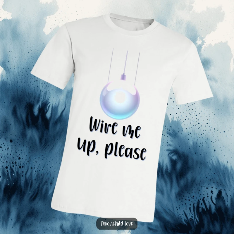 Funny graphic t-shirt featuring a sleek metallic orb held by glowing wires, embodying futuristic aesthetics.