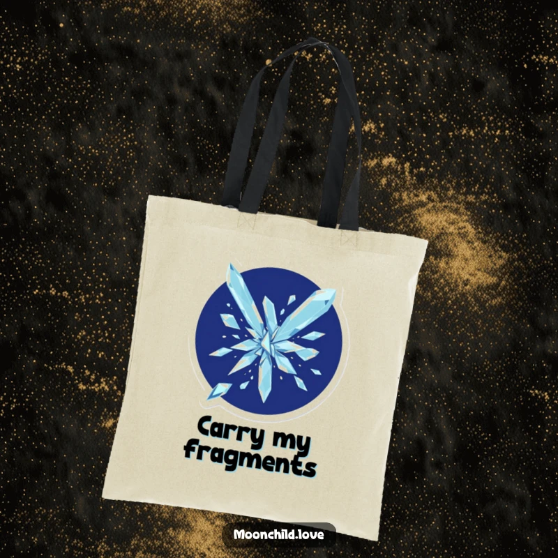 Funny geometric shards shattering powerfully on a durable tote bag, set against a deep indigo background.