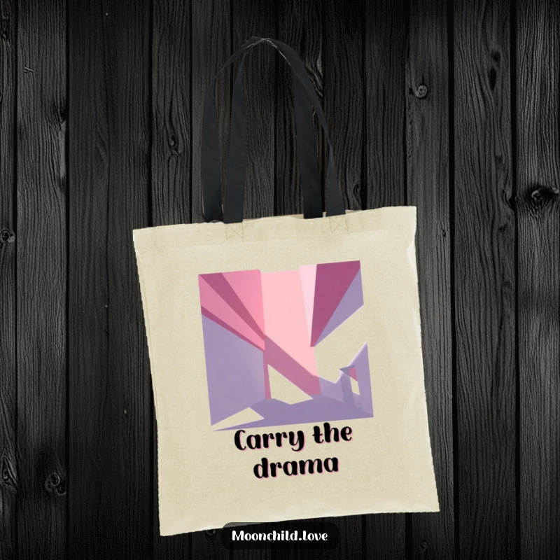Angular abstract architectural elements casting deep, dramatic shadows, depicted on a durable and stylish tote bag.