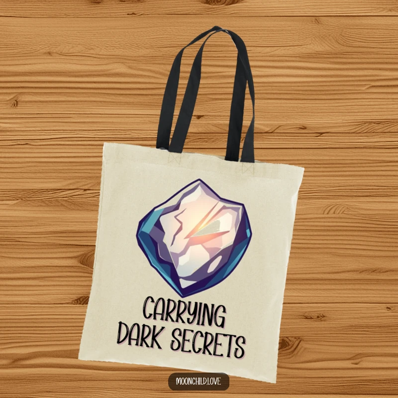 Funny tote bag featuring a sharp obsidian shard reflecting distorted, glowing light, a stylish and funny accessory for dark aesthetic lovers.