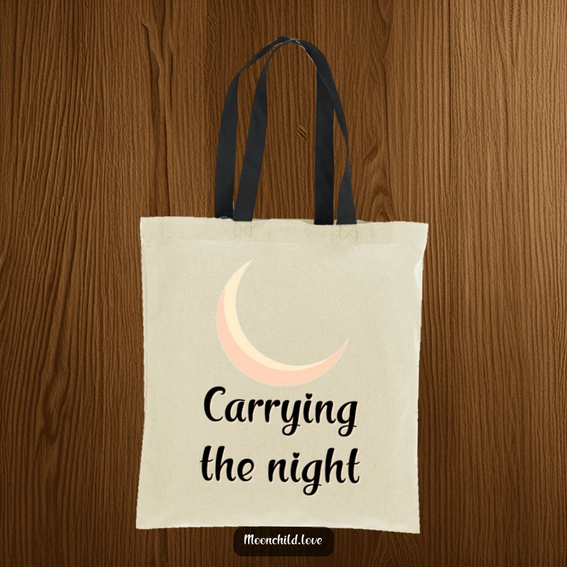 Funny geometric crescent moon silhouette casting bold shadows, on a reusable and humorous tote bag.