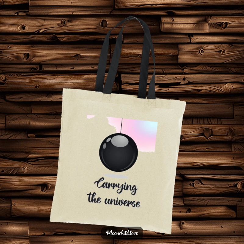 Funny tote bag featuring a minimalist black orb against a gradient of cosmic colors, a stylish and funny accessory for space lovers.