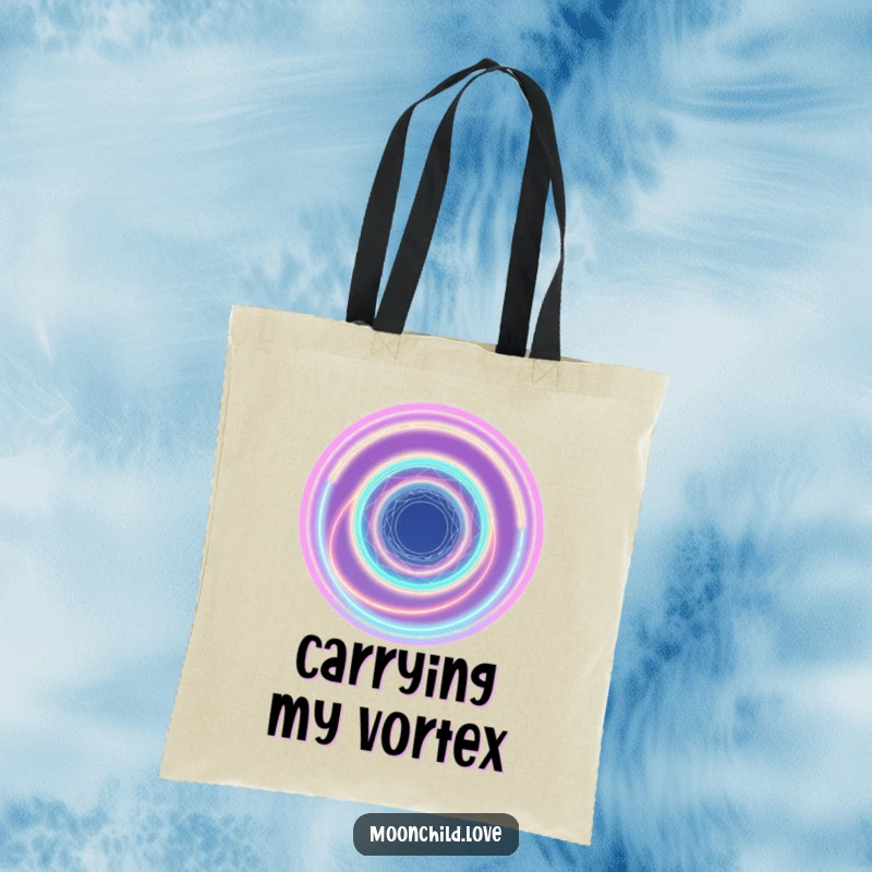 Funny abstract cosmic vortex of interconnected neon light rings on a durable tote bag.