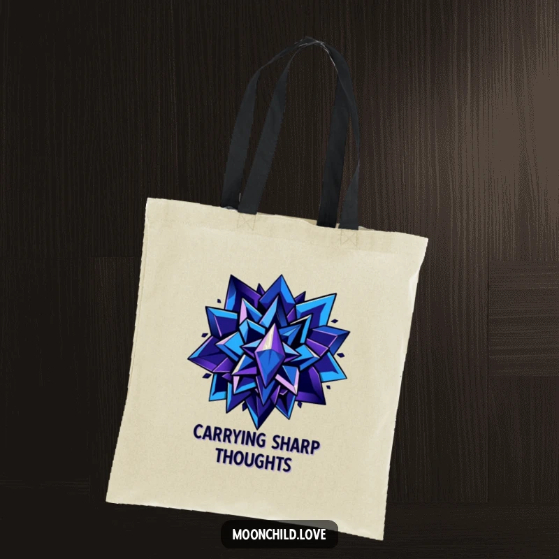 Funny tote bag featuring sharp, angular shapes in deep blues and purples with metallic accents, a stylish and practical funny art gift.