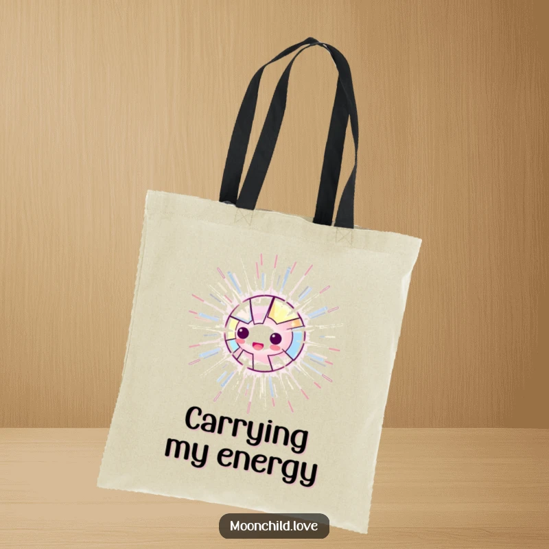 Funny tote bag featuring a fragmented, luminous object radiating energetic, electric lines, designed for stylish and funny everyday use.
