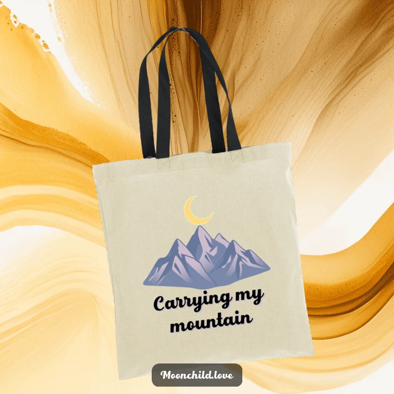Funny tote bag featuring a minimalist silhouette of jagged mountains under a crescent moon, great for daily use.