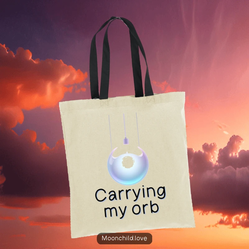 Funny metallic orb held by glowing wires on a durable tote bag, showcasing futuristic design.